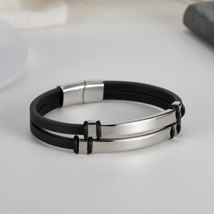 Wholesale Stainless Steel Blank Engravable Leather Bracelet