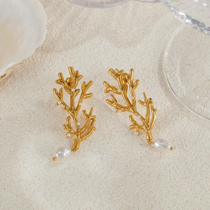 Wholesale Stainless Steel Pearl and Coral Earrings