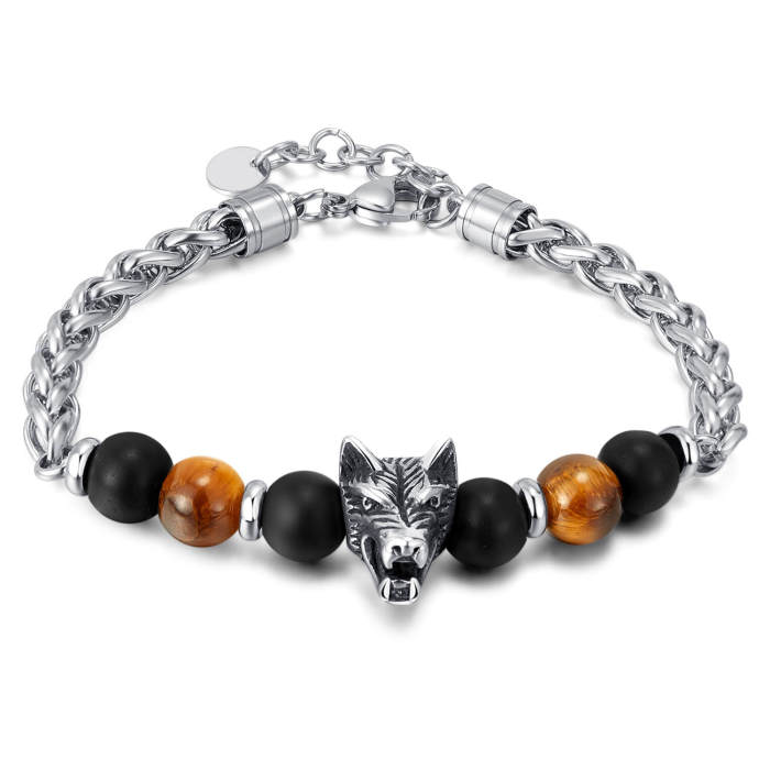 Wholesale Stainless Steel Wolf's Head Tiger's Eye Bracelet