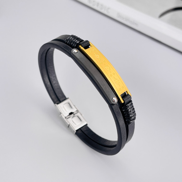 Wholesale Stainless Steel Men's Double Leather Bracelet