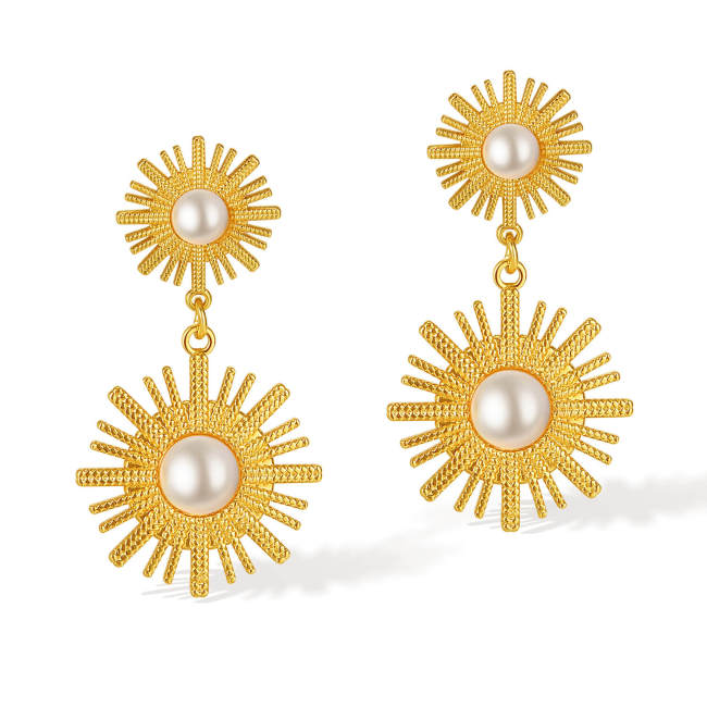 Wholesale Stainless Steel Sunflower Pearl Earrings