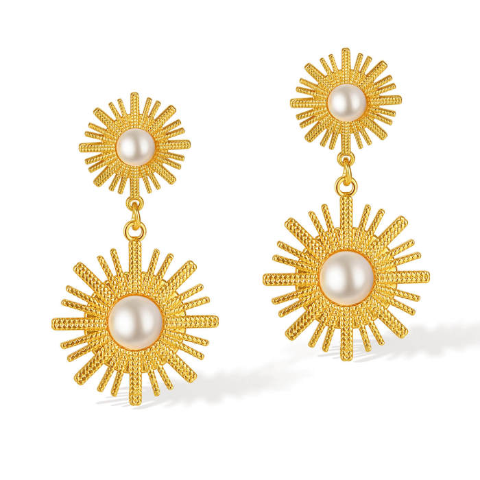 Wholesale Stainless Steel Sunflower Pearl Earrings