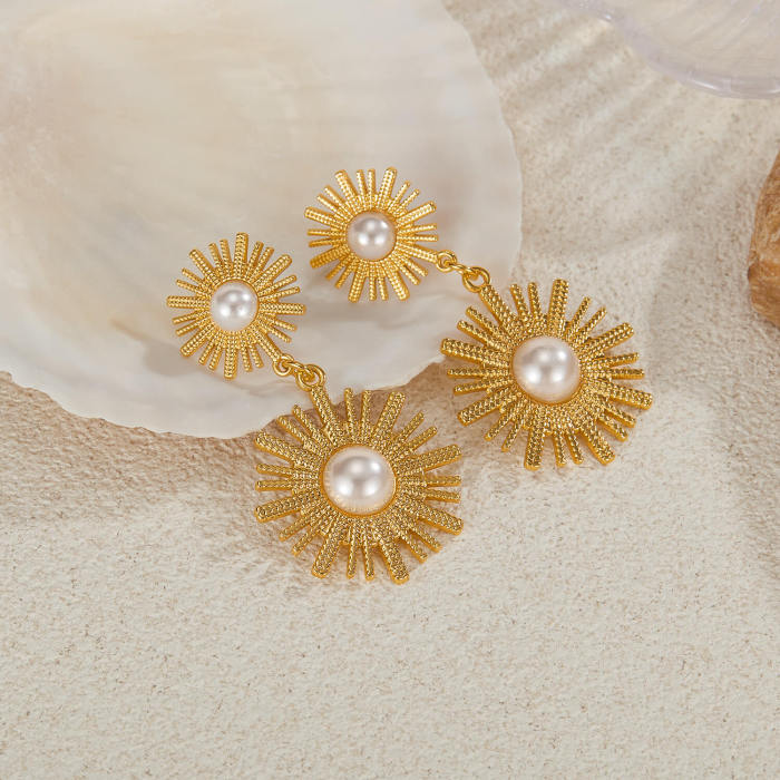 Wholesale Stainless Steel Sunflower Pearl Earrings