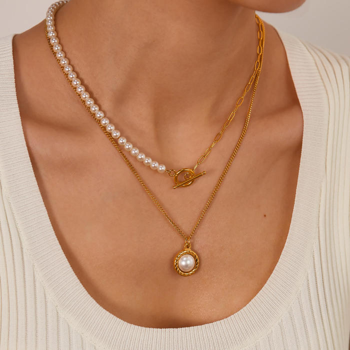 Wholesale Stainless Steel Pearl Stacked Necklace