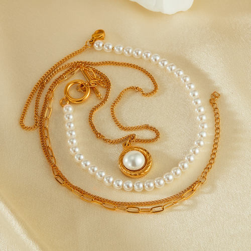 Wholesale Stainless Steel Pearl Stacked Necklace