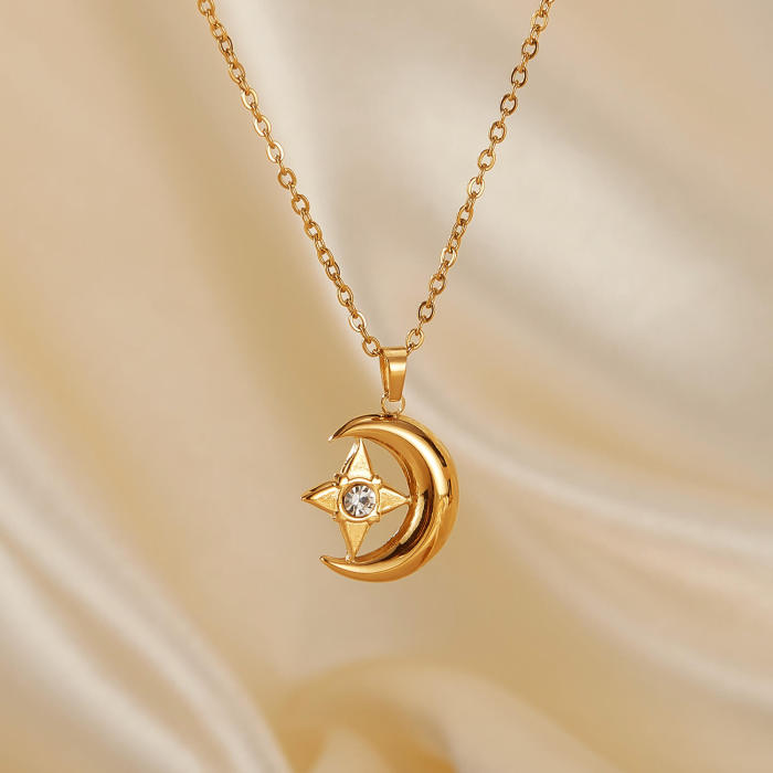 Wholesale Steel Star and Moon Zircon Pendant