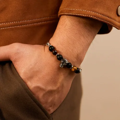 Wholesale Stainless Steel Wolf's Head Tiger's Eye Bracelet