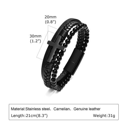 Wholesale Stainless Steel Cross Onyx Leather Bracelet