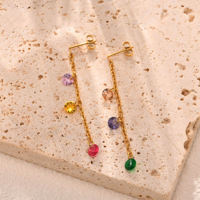 Wholesale Stainless Steel Colored Zirconia Tassel Earrings