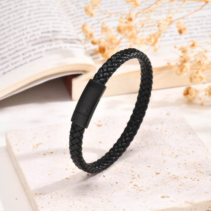 Wholesale Black Braided Leather Men's Bracelet