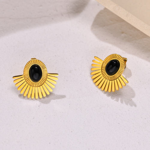 Wholesale Stainless Steel Onyx Fan Earrings