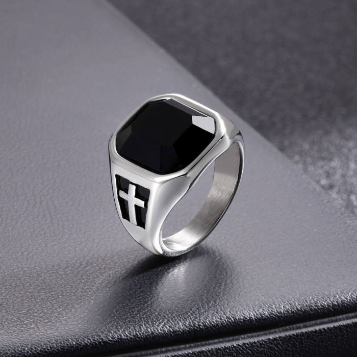 Wholesale Stainless Steel Black Glass Cross Ring
