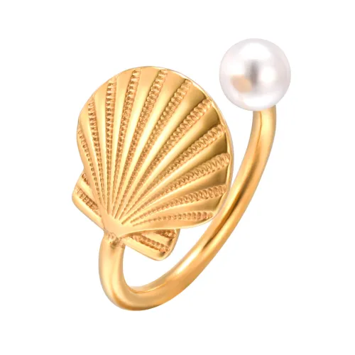Stainless Steel Scallop Imitation Pearl Ring