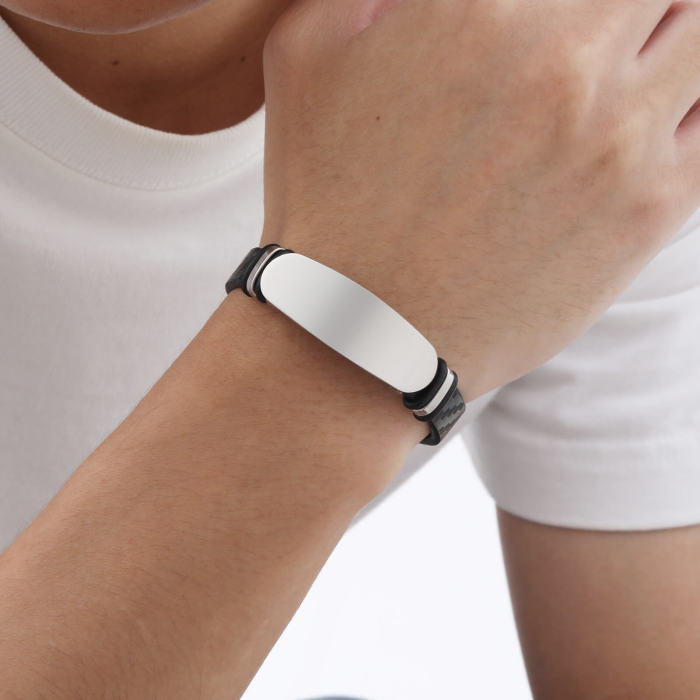 Wholesale Stainless Steel Engravable PU Leather Bracelet