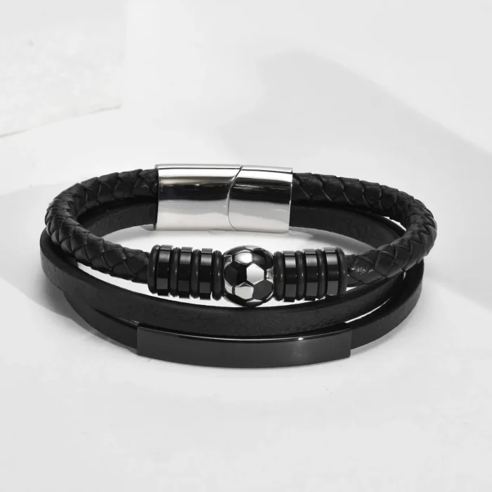 Wholesale Stainless Steel Football Leather Triple Bracelet