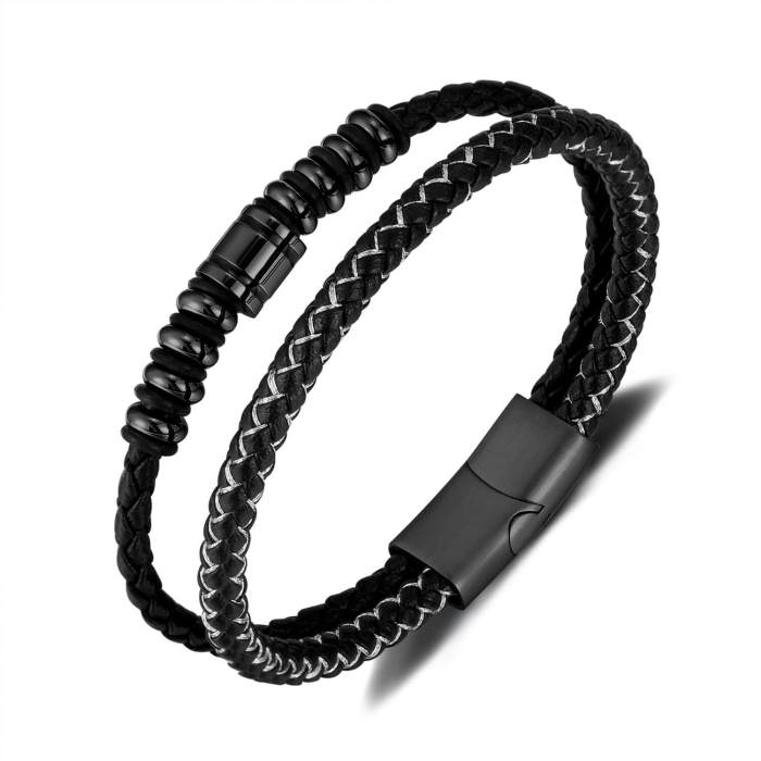 Wholeale Stainless Steel Double Layer Leather Bracelet