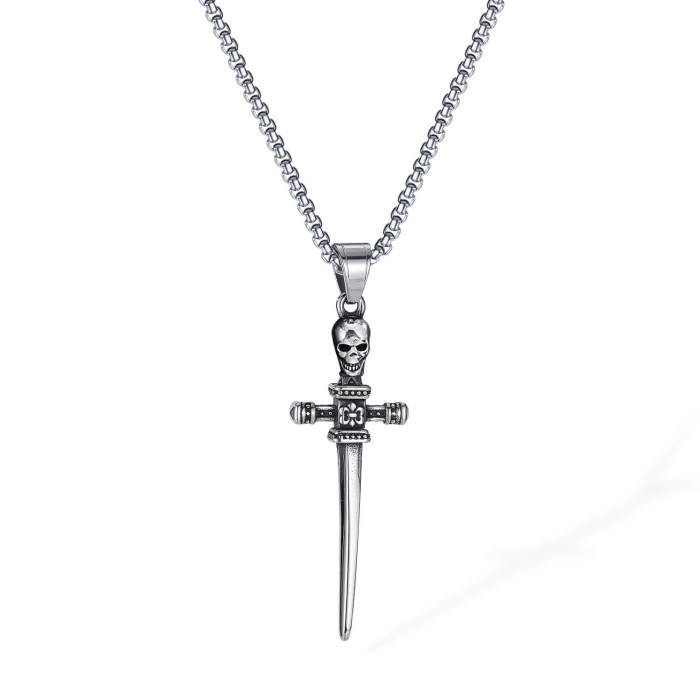 Wholesale Stainless Steel Skull Cross Sword Necklace