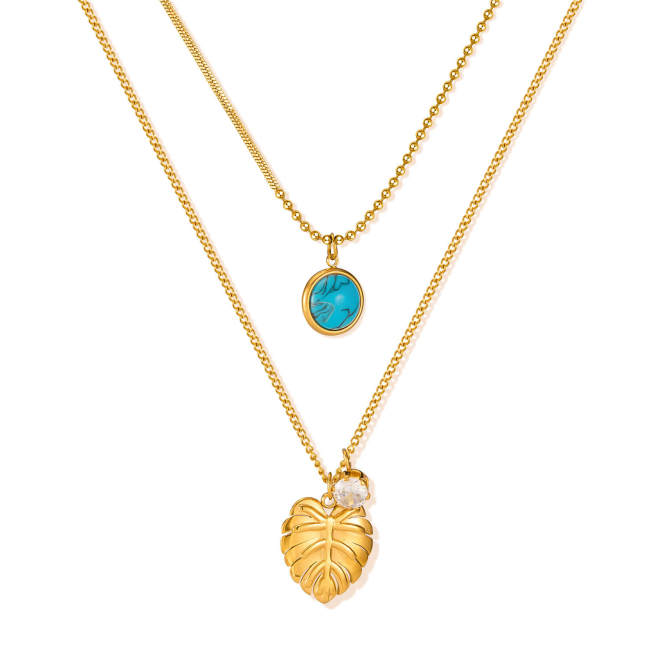 Wholesale Stainless Steel Leaf Double Layer Necklace