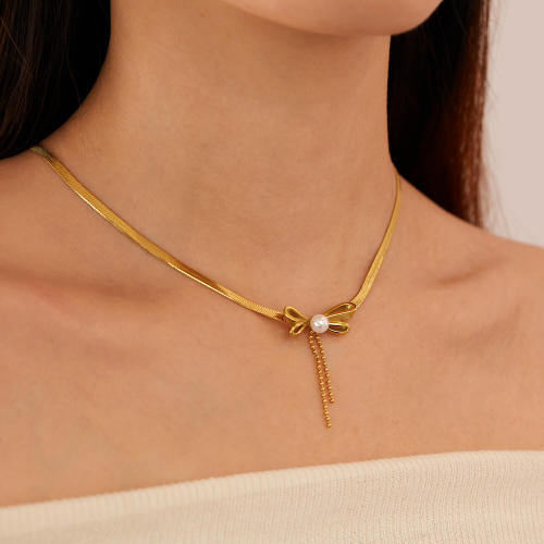 Wholesale Stainless Steel Ribbon Pearl Necklace