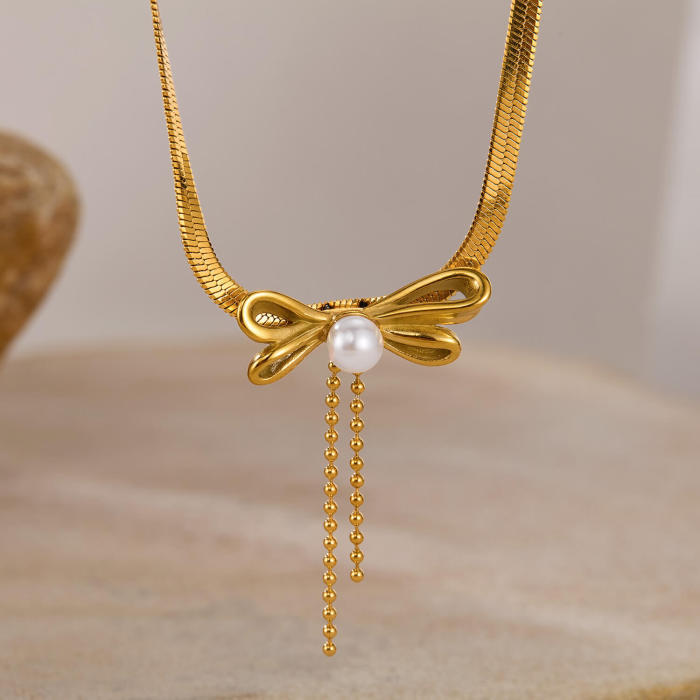 Wholesale Stainless Steel Ribbon Pearl Necklace