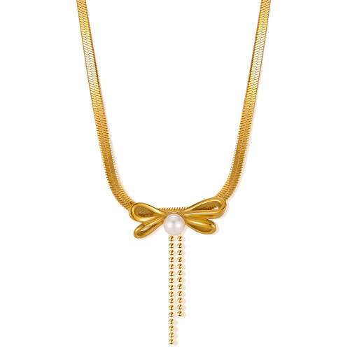 Wholesale Stainless Steel Ribbon Pearl Necklace