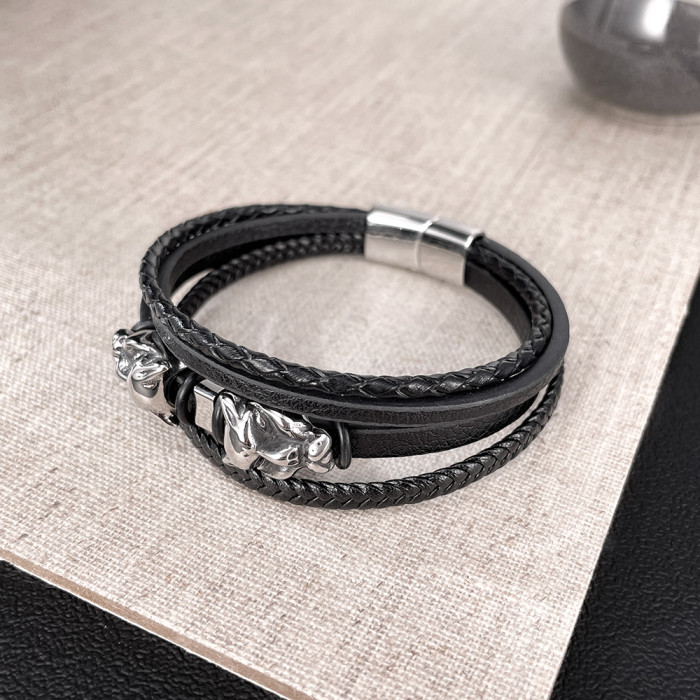 Wholesale Stainless Steel Leopard Head Leather Bracelet