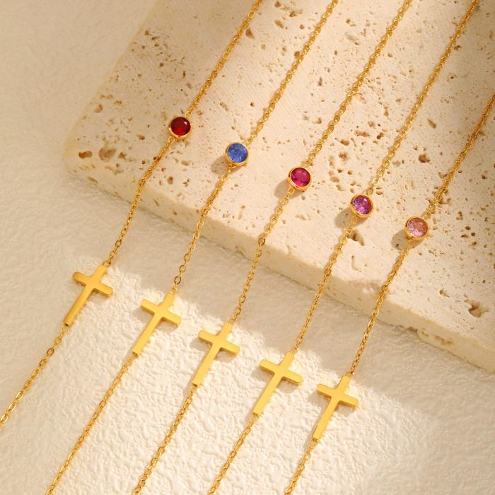 Wholesale Stainless Steel Cross Birthstone Necklace