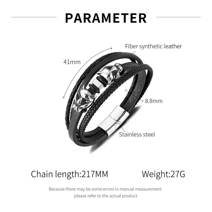 Wholesale Stainless Steel Leopard Head Leather Bracelet