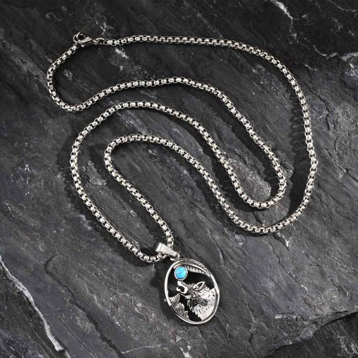 Wholesale Stainless Steel Wolf Head Turquoise Pendant