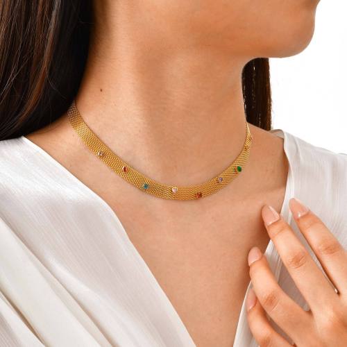 Wholesale Stainless Steel Mesh Necklace with Colored Zirconia