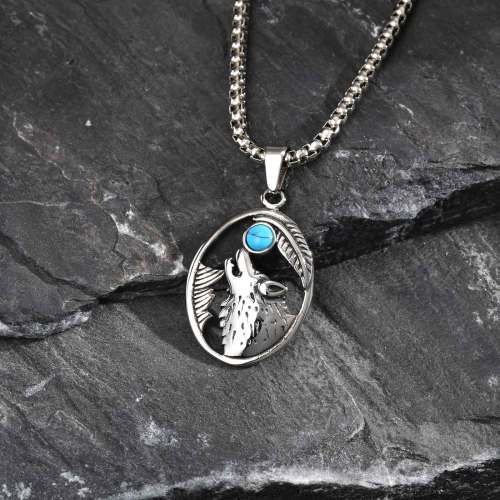 Wholesale Stainless Steel Wolf Head Turquoise Pendant