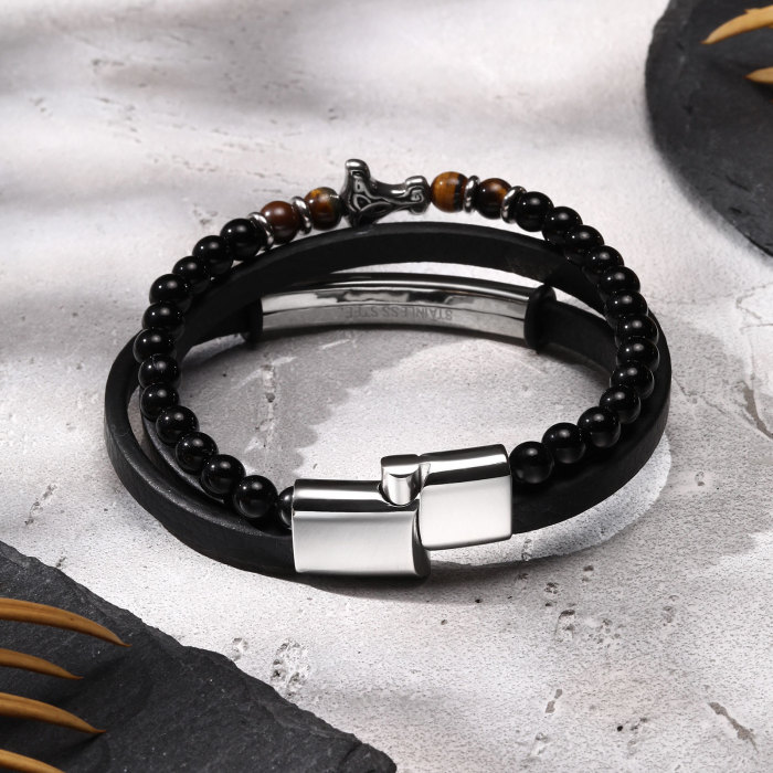 Wholesale Stainless Steel Viking Tiger Eye Leather Bracelet