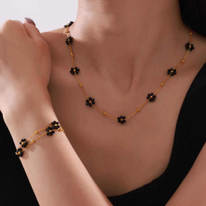 Wholesale Stainless Steel Beaded Flower Jewelry Set