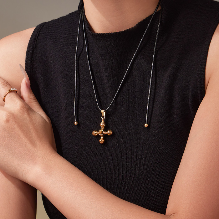 Wholesale Tiger Eye Steel Cross Sweater Necklace
