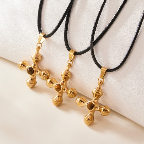 Wholesale Tiger Eye Steel Cross Sweater Necklace