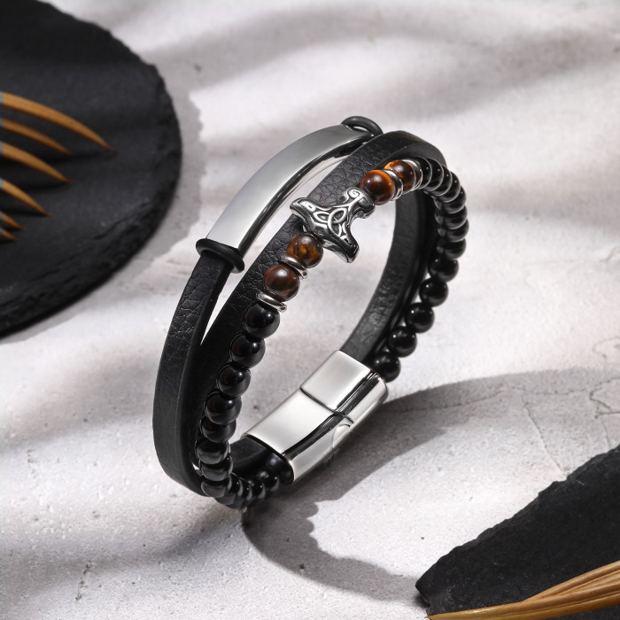 Wholesale Stainless Steel Viking Tiger Eye Leather Bracelet