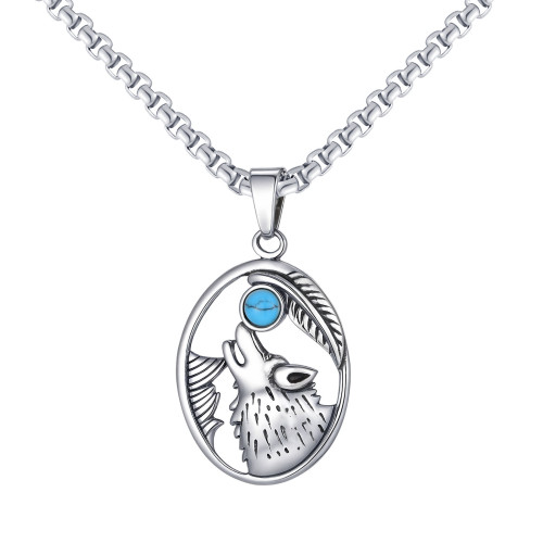 Wholesale Stainless Steel Wolf Head Turquoise Pendant