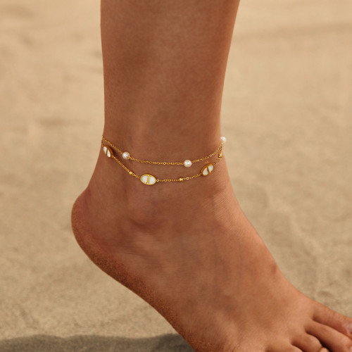 Wholesale Stainless Steel Pearl Double Anklet