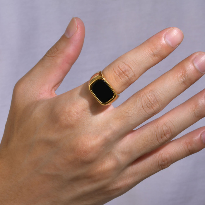 Wholesale Stainless Steel Black Glass Stone Ring
