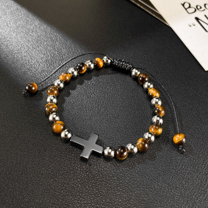 Wholesale Stainless Steel Tiger Eye Cross Bead Bracelet