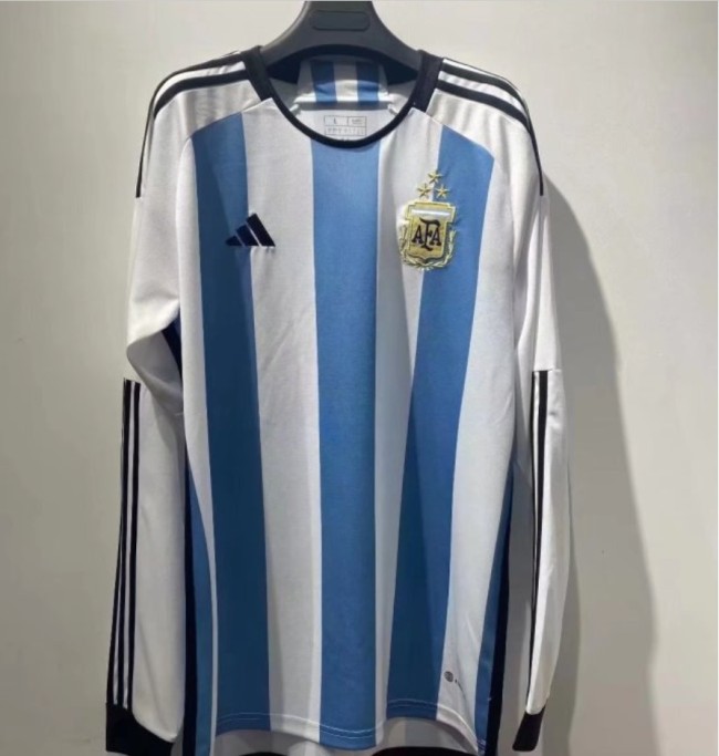 Long Sleeve with 3 Stars 2022 World Cup Argentina Home Soccer Jersey