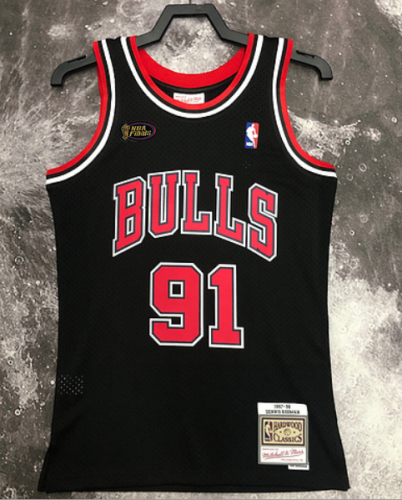 #91 Rodman Bulls 1997-98 M&N jersey black with The trophy (heat pressed)