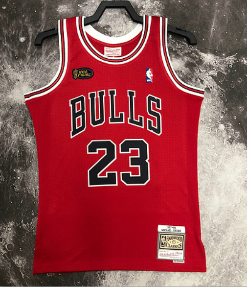 #23 Jordan Bulls 1997-98 M&N jersey red with The trophy (heat pressed)