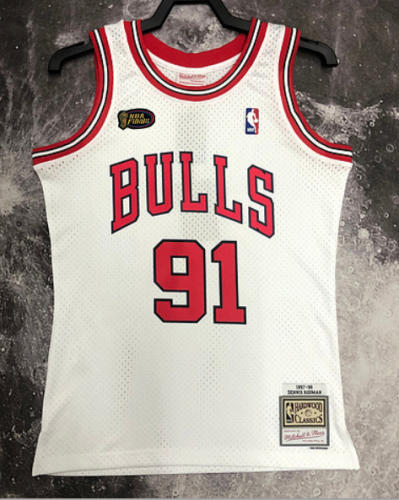 #91 Rodman Bulls 1997-98 M&N jersey white with The trophy (heat pressed)