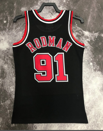 #91 Rodman Bulls 1997-98 M&N jersey black with The trophy (heat pressed)