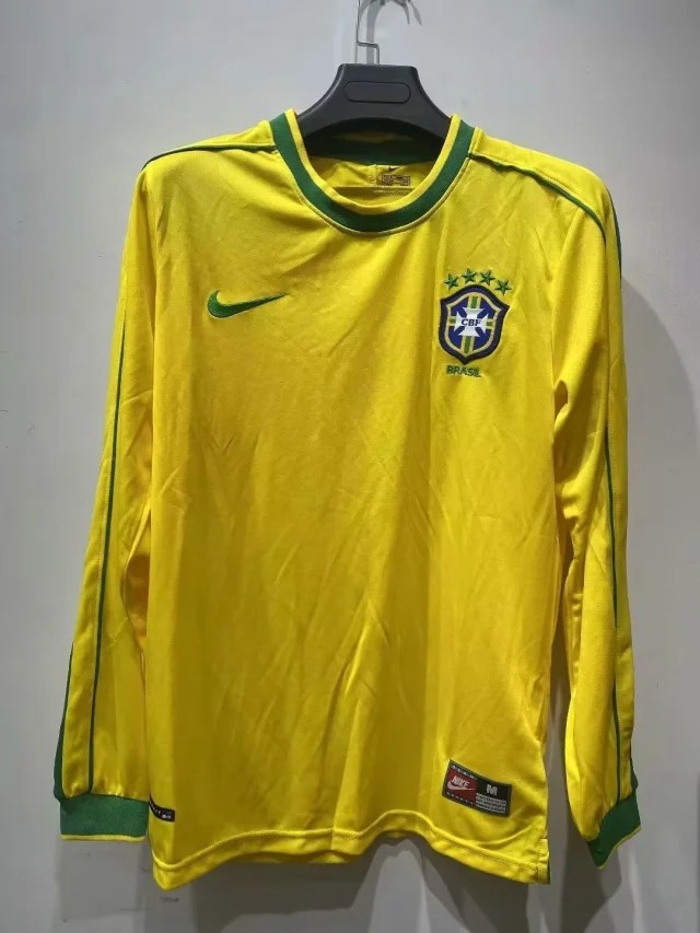 Retro 1998 Brazil home long sleeves soccer jersey S-2XL