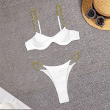 2023 New Design Bikini Two Price Split Solid Color Chain Strap Fashion Nylon Fabric Good Slim Fit Summer Time Beach Girl′ S Swimwear #xcpx0631