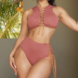 women swimwear designer Intermediate lacing two-piecce bikini #xcyx0633 sexy Solid red color swimsuit swimming swimsuits