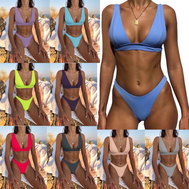 Sexy ladies two-piece swimsuit Multicolor Solid colors  Suspenders Design swimwear summer fashion beach suit qj2025