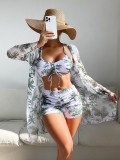 2023 new summer lady three piece sest  bikini overskirt print 19 color swimwear shorts beach suit drawstring swimsuit xckx1134